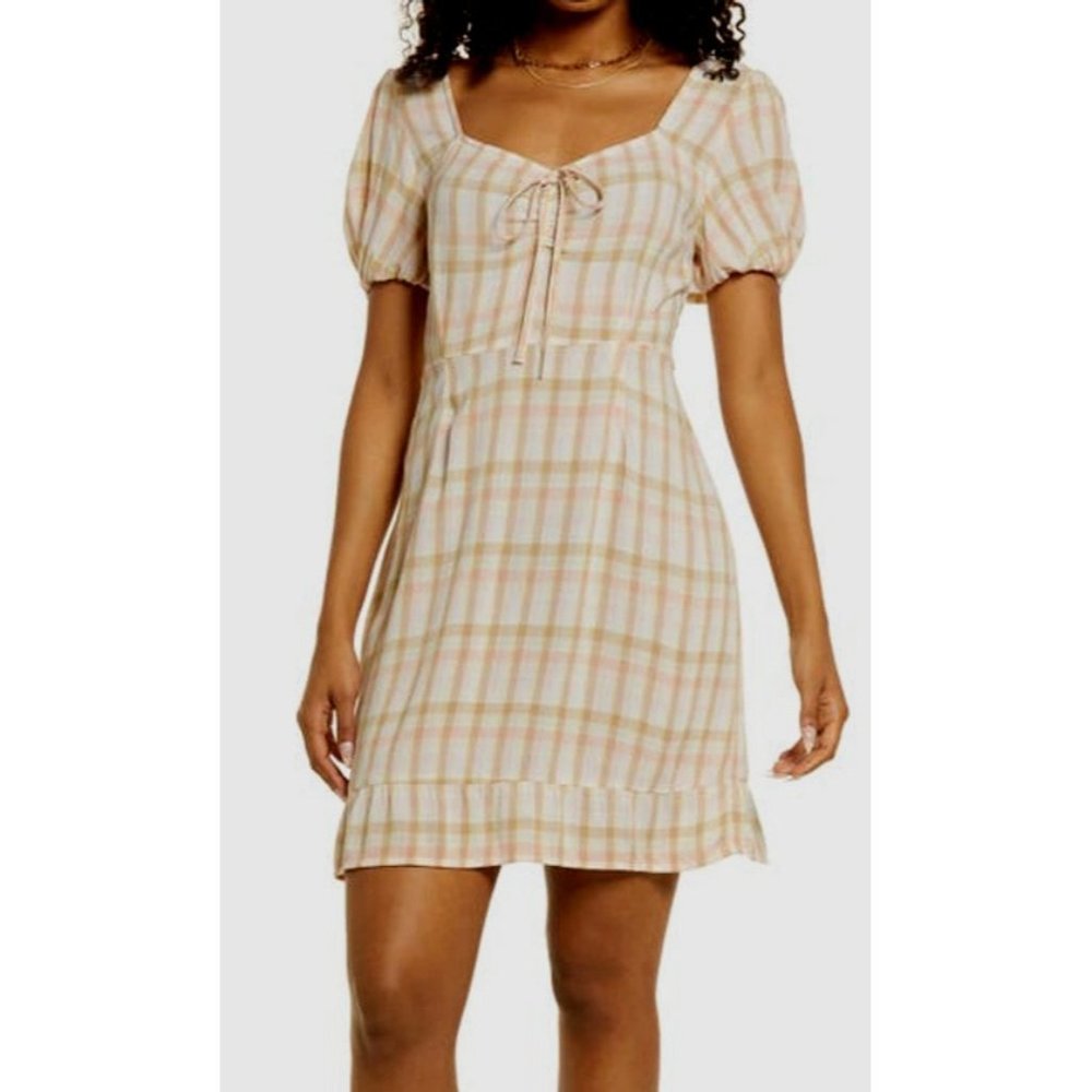 New BP. Women's M Pink Brown Puff Sleeve Sweetheart Tie Neck A-line Mini Dress